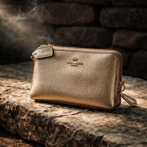 Coach Rose Gold Wristlet Leather Logo Tag